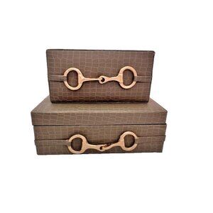 S/2 Vegan Crocodile Decorative Boxes GREEN GOLD EQUESTRIAN Jewelry Storage